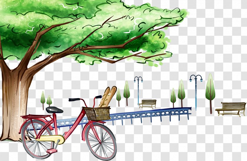 Cartoon Illustrator Poster Landscape - Bicycle - Tree,Trees,wood Transparent PNG