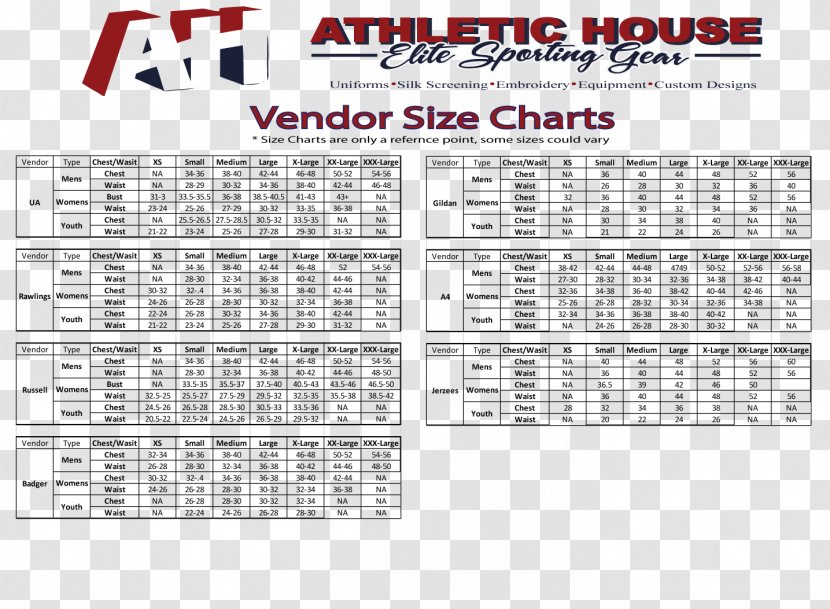 Athletic House Clothing Sport Jersey Gaithersburg - Size Chart Design Elements Transparent PNG