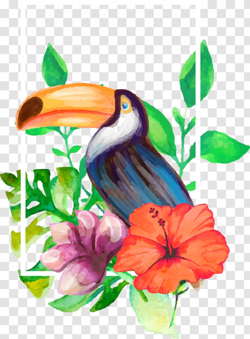Drawing Watercolor Painting - Plant - Realistic Aesthetic Decorative Flowers And Parrot Transparent PNG