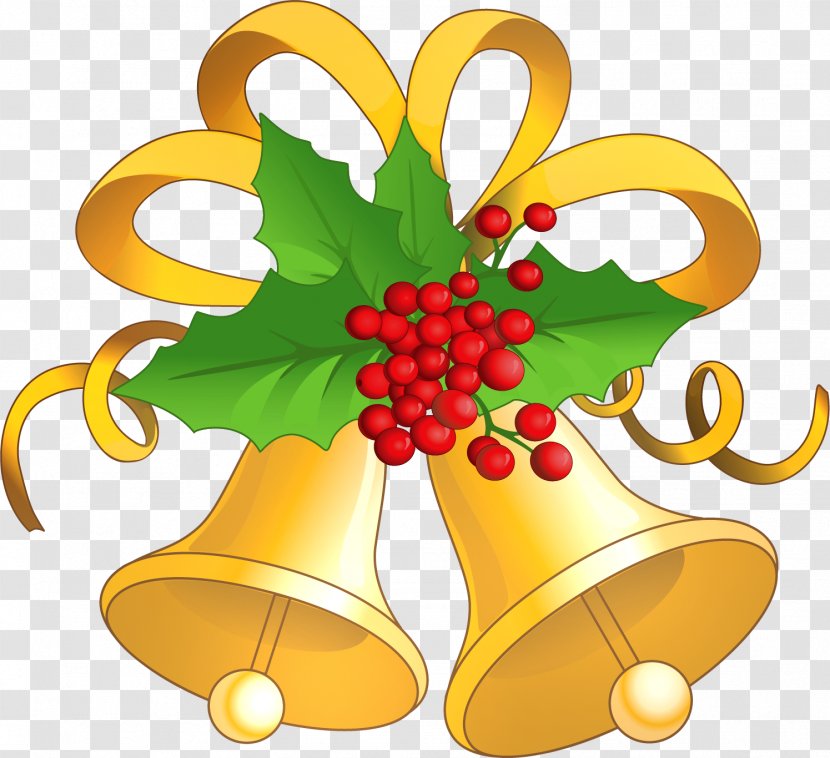 Christmas Jingle Bell Clip Art - Flower - Transparent Gold Bells With Mistletoe Clipart Transparent PNG