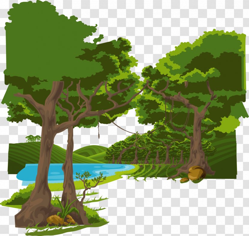 Cartoon Graphic Design Illustration - Tree - Between Forest Trees Mountain Lake Transparent PNG