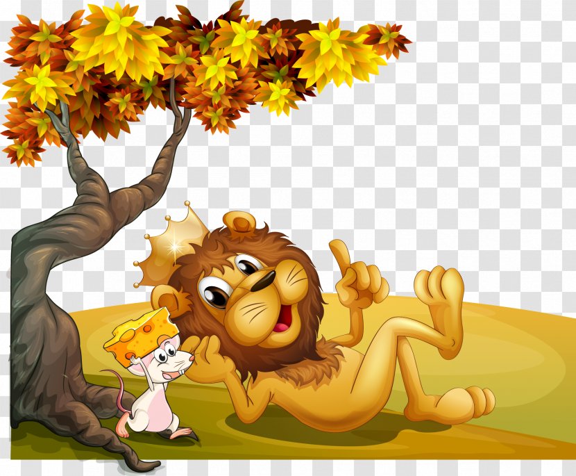 The Lion And Mouse Aesops Fables Illustration - Cat Like Mammal - Vector Lions Transparent PNG