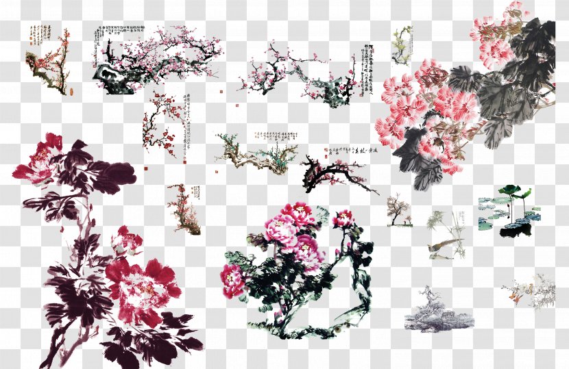 Ink Wash Painting Chinoiserie Chinese Art - Pink - Plum Elements Collection Transparent PNG