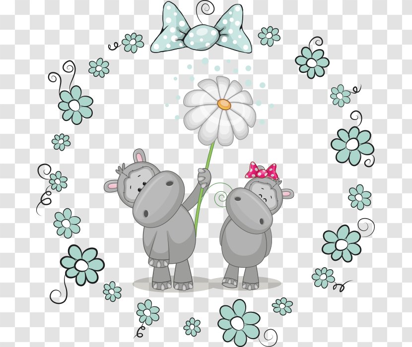 Hippopotamus Drawing Illustration - Stock Photography - Cartoon Painted Green Flowers Border Cute Hippo Transparent PNG