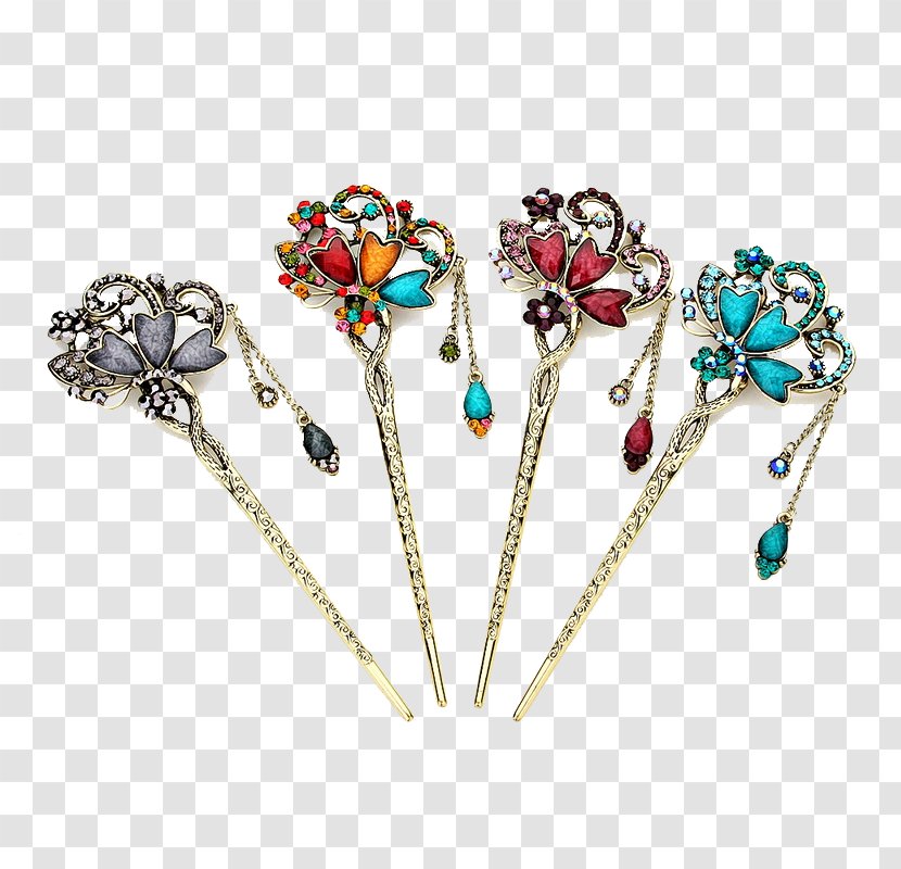 Flower Petal Designer Clip Art - Body Jewelry - Antiquity Three Flowers Inlaid Brick Hairpin Transparent PNG