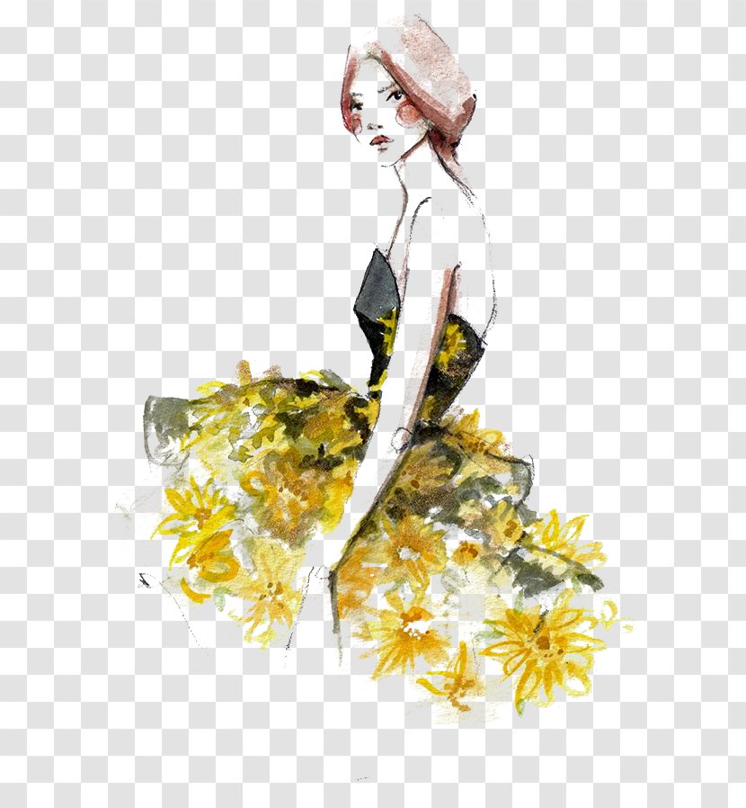 Paper Fashion Illustration New York Week - Flower - Creative Hand-painted Watercolor Portraits Transparent PNG