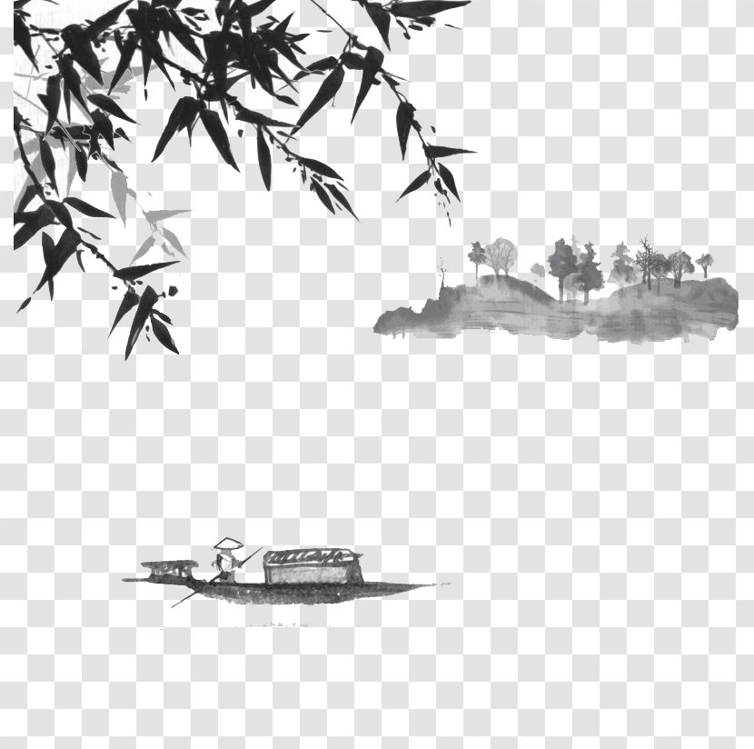 Japanese Art Ink Wash Painting - Tree - Mountain On Boating Lake Transparent PNG