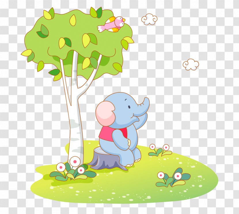 Balloon Fly Mosquito - Tree - Vector Cartoon Elephant Sitting On Stump Green Trees And Flowers Transparent PNG