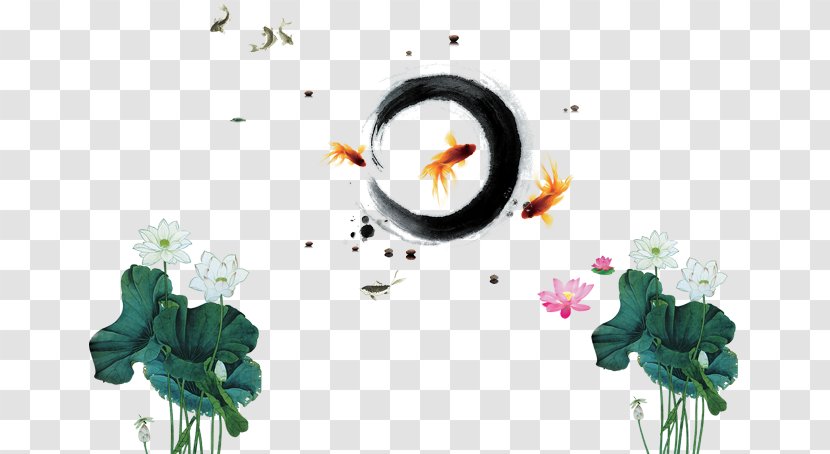 Ink Wash Painting Poster Chinoiserie - Lotus Goldfish Transparent PNG