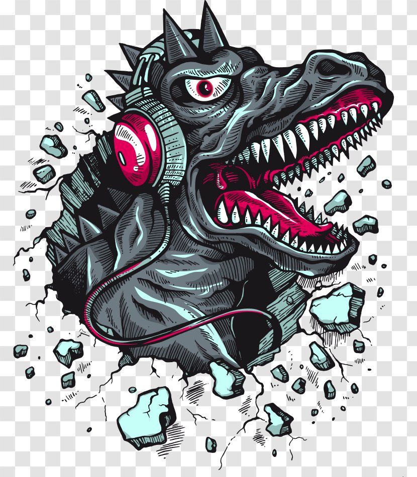 T-shirt Tyrannosaurus Hoodie Dinosaur Headphones - Clothing - Vector Cartoon Prints Transparent PNG