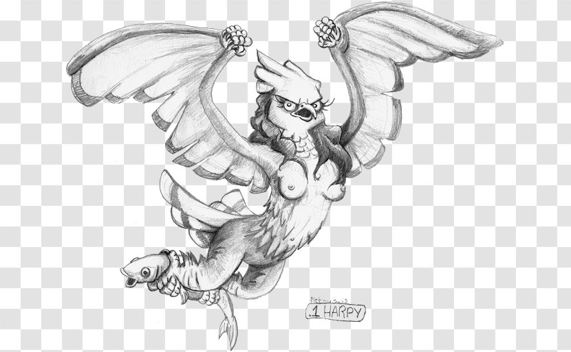 Legendary Creature Line Art Cartoon Sketch - Black And White - Harpy Eagle Transparent PNG