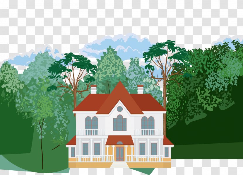 Garden Royalty-free Illustration - House - Cartoon Vector Hand Painted Villa Jungle White Clouds Transparent PNG
