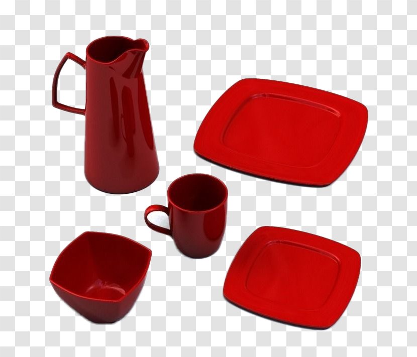 Coffee Cup Tableware Plate 3D Computer Graphics Glass - Chinese Red Household Goods Free Buckle Material Transparent PNG