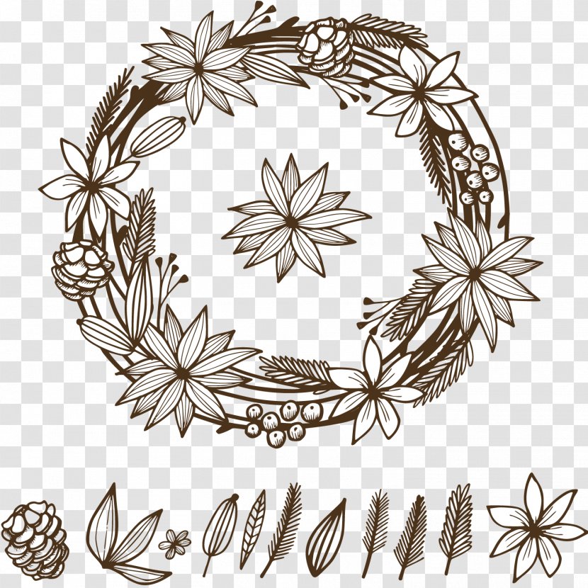 Garland Flower Christmas - Black And White - Beautiful Hand-painted Garlands Transparent PNG