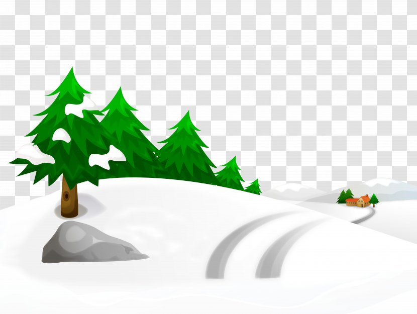 Snow Winter Illustration - Green - Snowy Ground With Trees And House Clipart Image Transparent PNG