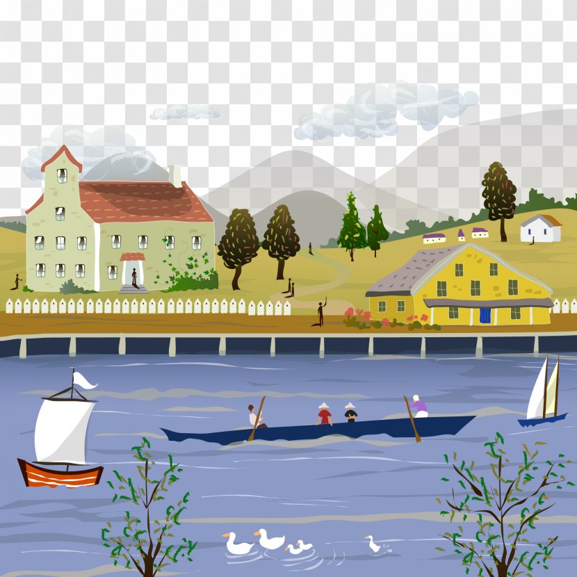 Cartoon Illustration - Water - Country Small River Boating Transparent PNG