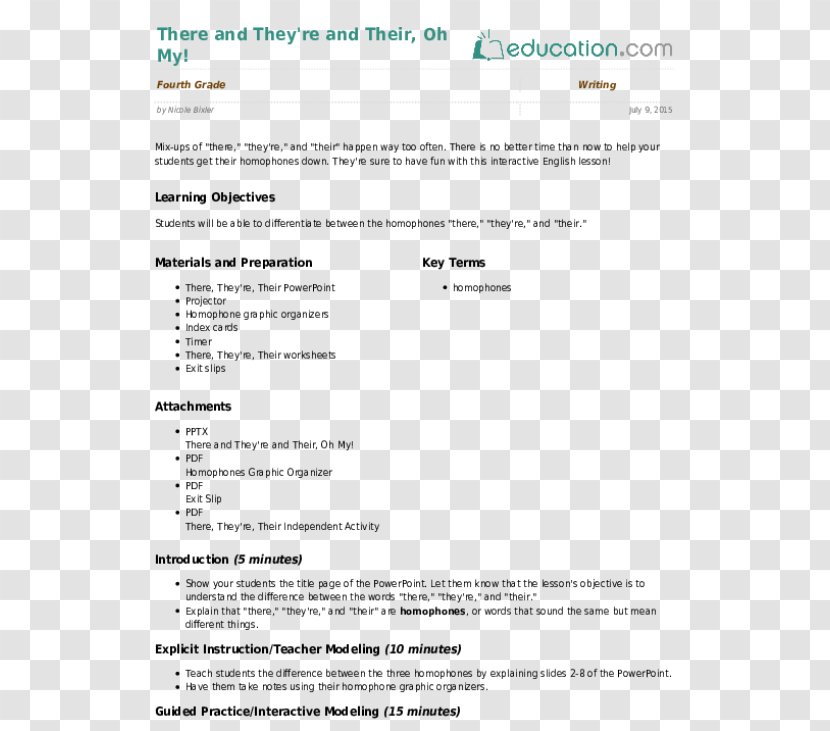 Document Lesson Plan Worksheet Education - Fourth Grade - Parent Information Manual Transparent PNG