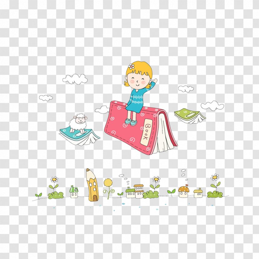 Childhood Cartoon Illustration - Material - The Child Sitting In Book Transparent PNG