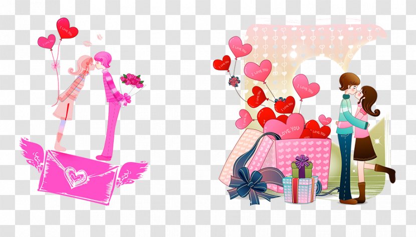 Cartoon Romance Drawing - Pink - A Couple Kiss Transparent PNG