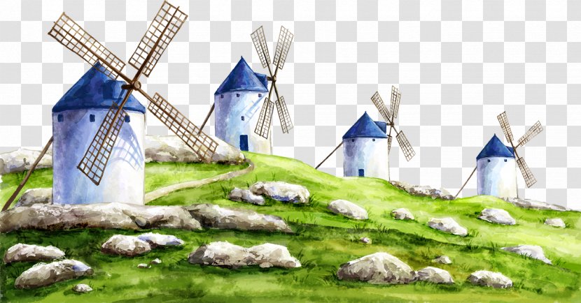 Windmill Painting Diamond - Blue Cartoon And Stone Transparent PNG
