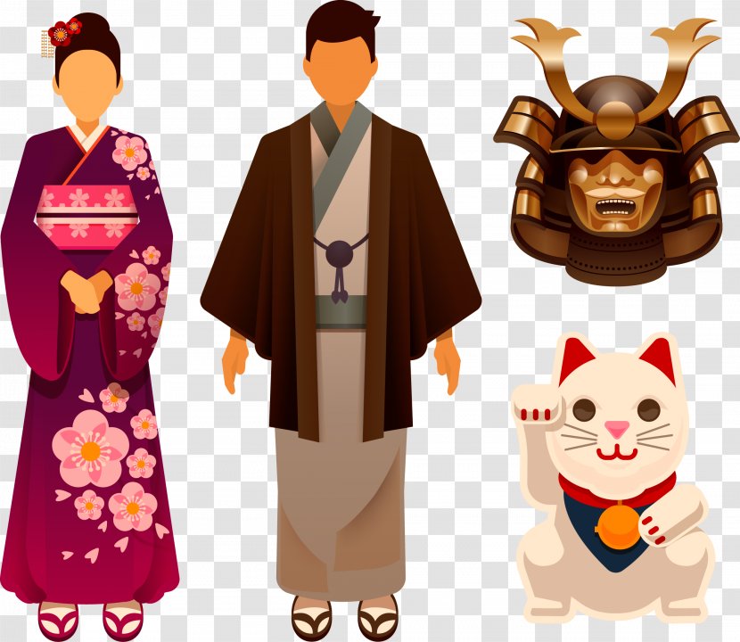 Japan Kimono Tradition - Japanese Material Vector Cartoon Lucky Cats Warrior Transparent PNG