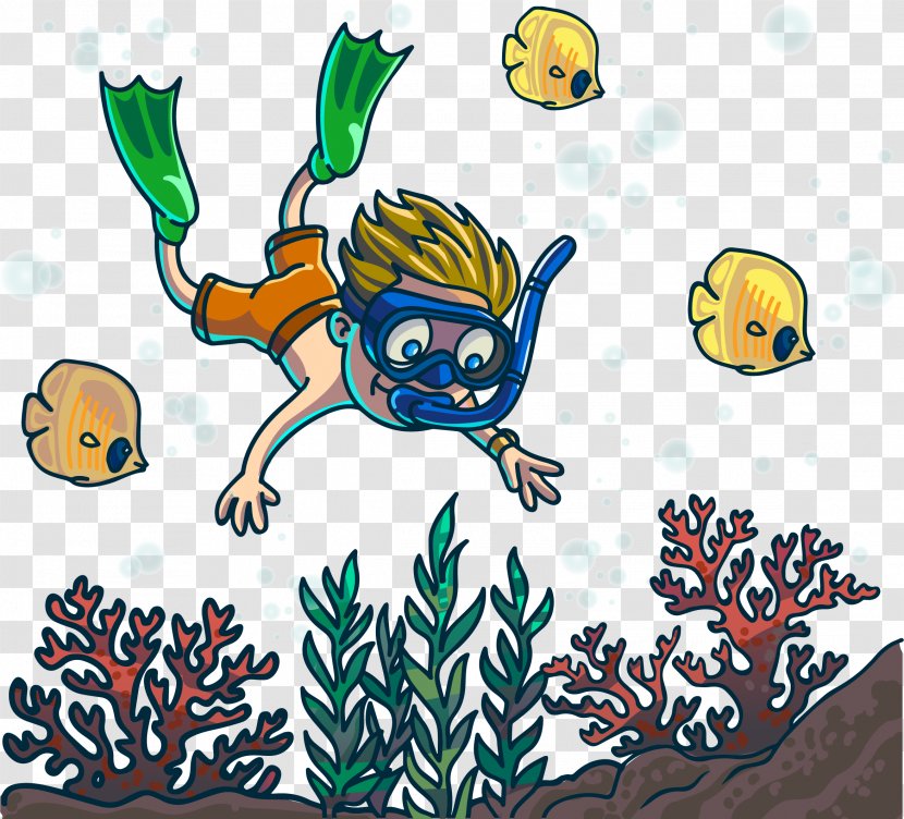 Cartoon Underwater Diving Clip Art - Creative Arts - Vector Cute Diver Seabed Fish Transparent PNG