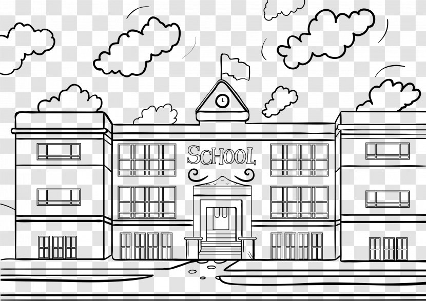 Pre-school Coloring Book Escuela Classroom - Black And White - School Building Transparent PNG