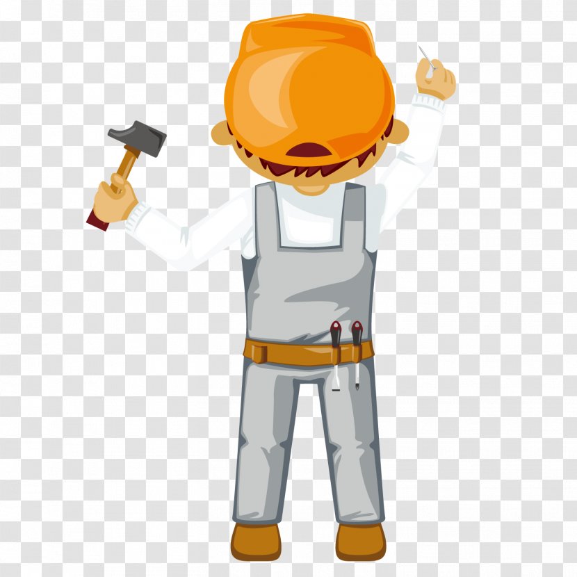 Cartoon Laborer Clip Art - Orange - Take The Hammer Of Worker Transparent PNG