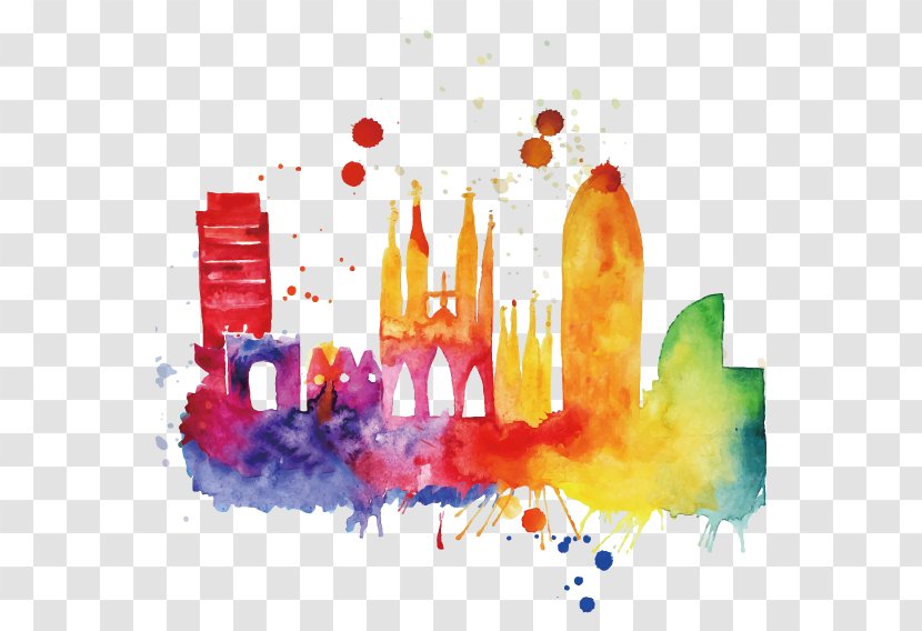 Barcelona Skyline Watercolor Painting Cityscape - Vector Multicolored Castle Transparent PNG