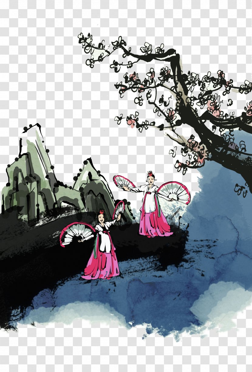 Folk Dance Korea Ink Wash Painting Illustration - Art - The Two Dancers Danced With Transparent PNG