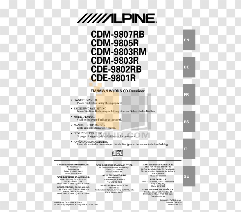 Document Alpine Electronics CDA 9812RB Product Manuals Vehicle Audio - Radio Receiver Transparent PNG