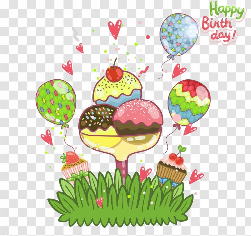 Ice Cream Cones Birthday Cake Happy To You - Leaf - Hand-painted Cartoon Transparent PNG