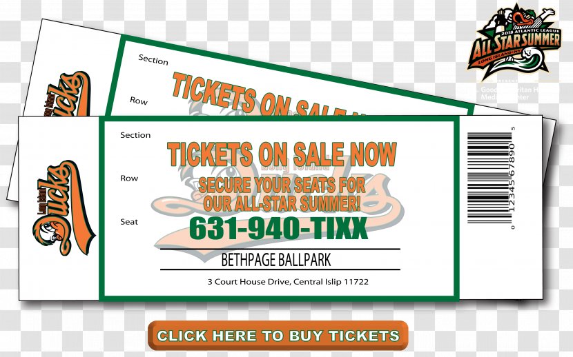Bethpage Ballpark Long Island Ducks Atlantic League Of Professional Baseball Ticket - Duck Transparent PNG