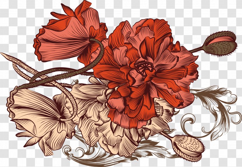 Euclidean Vector Motif Flower - Art - Red Peony Transparent PNG