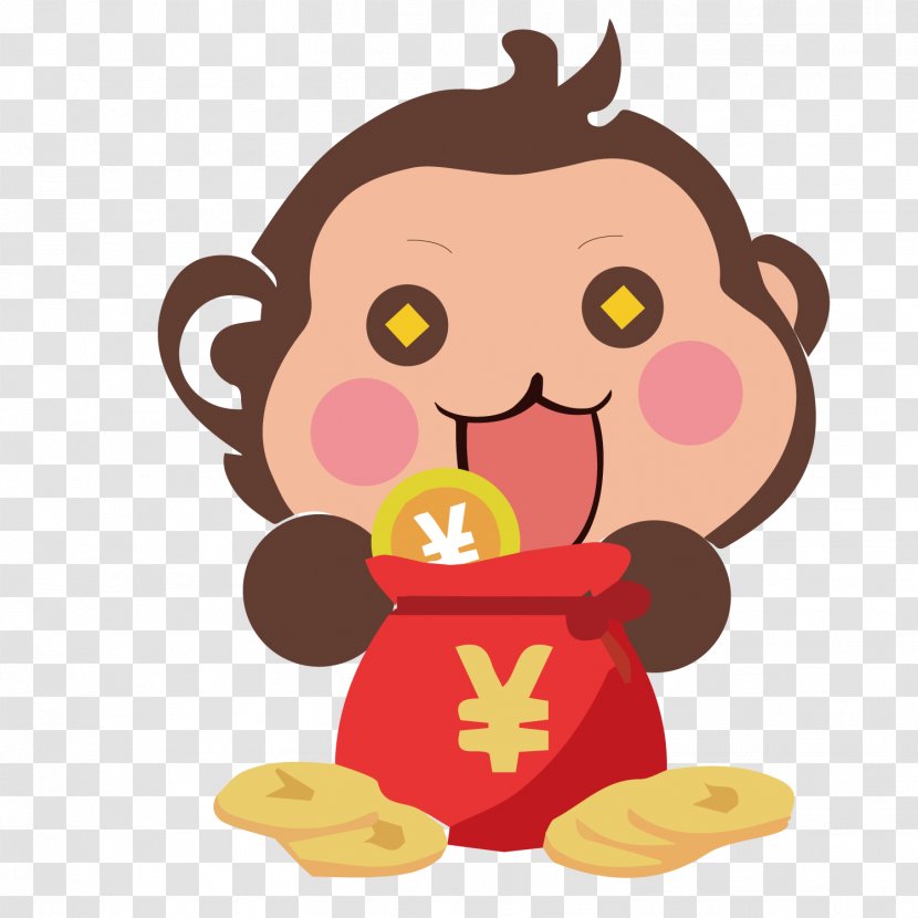Cartoon Drawing Illustration - Chinese New Year - Holding A Red Bag Of Monkeys Transparent PNG