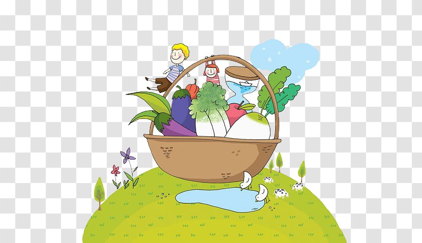 Drawing Vegetable Cartoon Illustration - Green - Children In The Basket Of Vegetables Transparent PNG