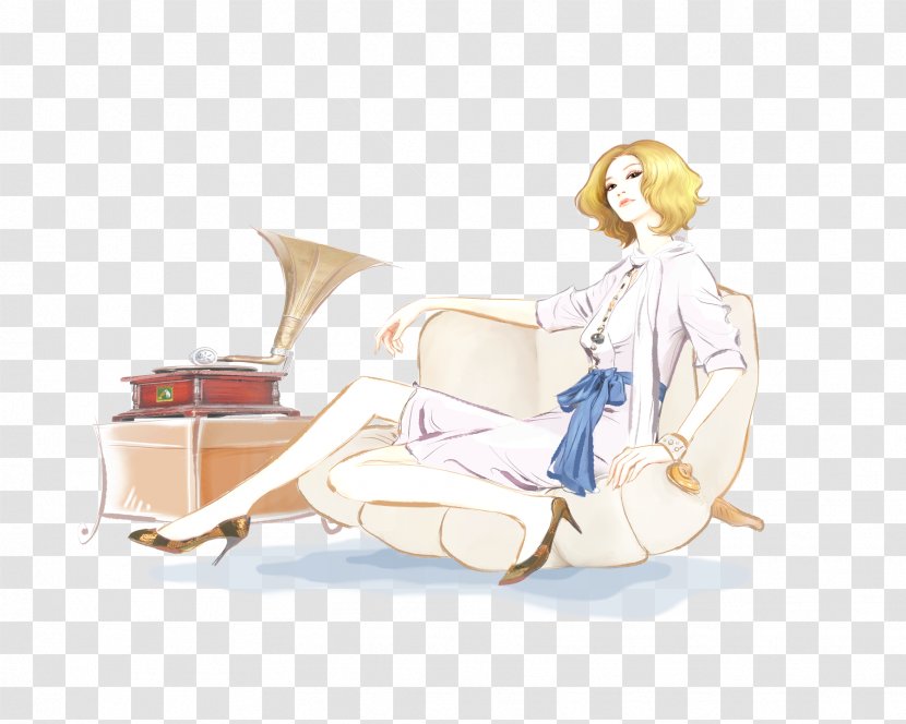 Couch Cartoon Woman - Silhouette - Hand Drawn Gramophone Transparent PNG
