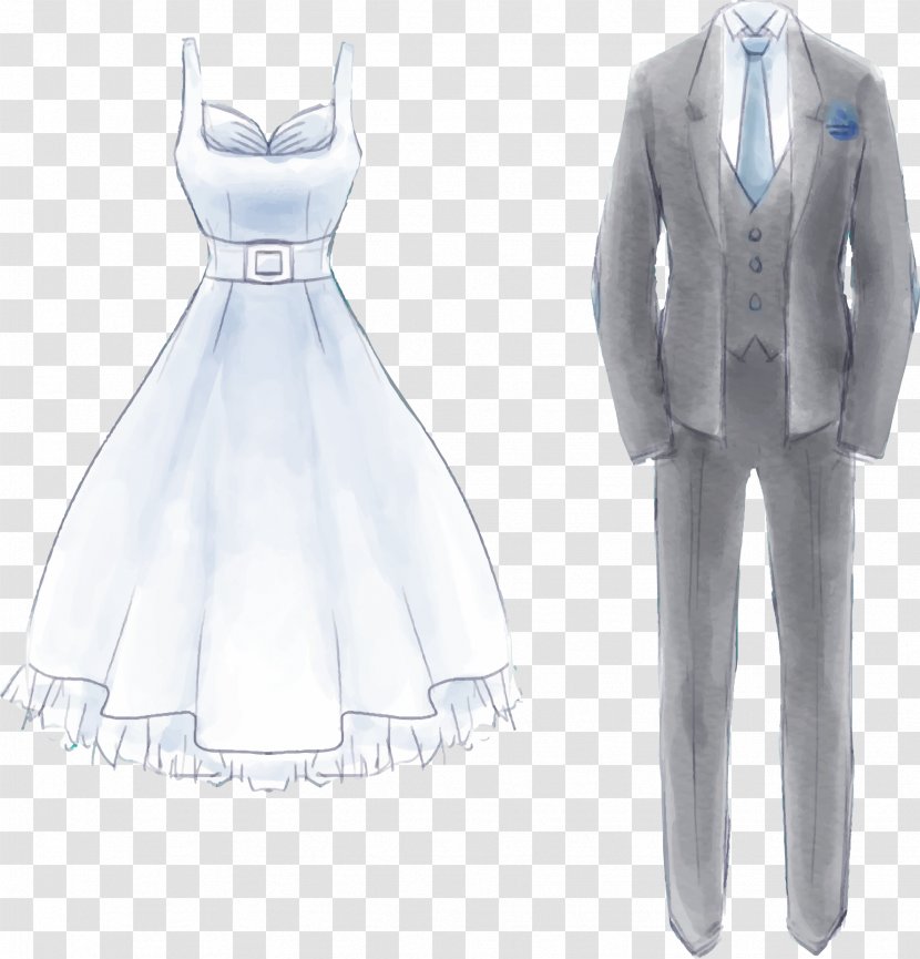 Wedding Dress Watercolor Painting Formal Wear - Outerwear - Painted And Gray Vector Transparent PNG