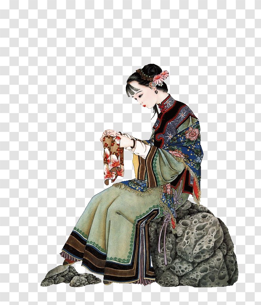 Embroidery Handicraft Woman - Beauty Sitting On The Stone Transparent PNG