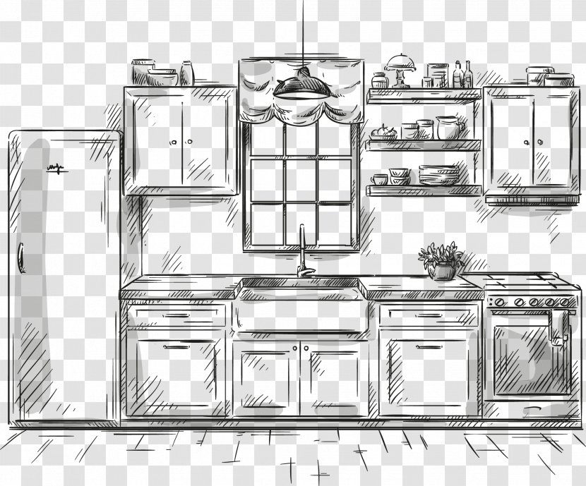Drawing Kitchen Furniture Illustration - Black And White - Hand-painted Transparent PNG