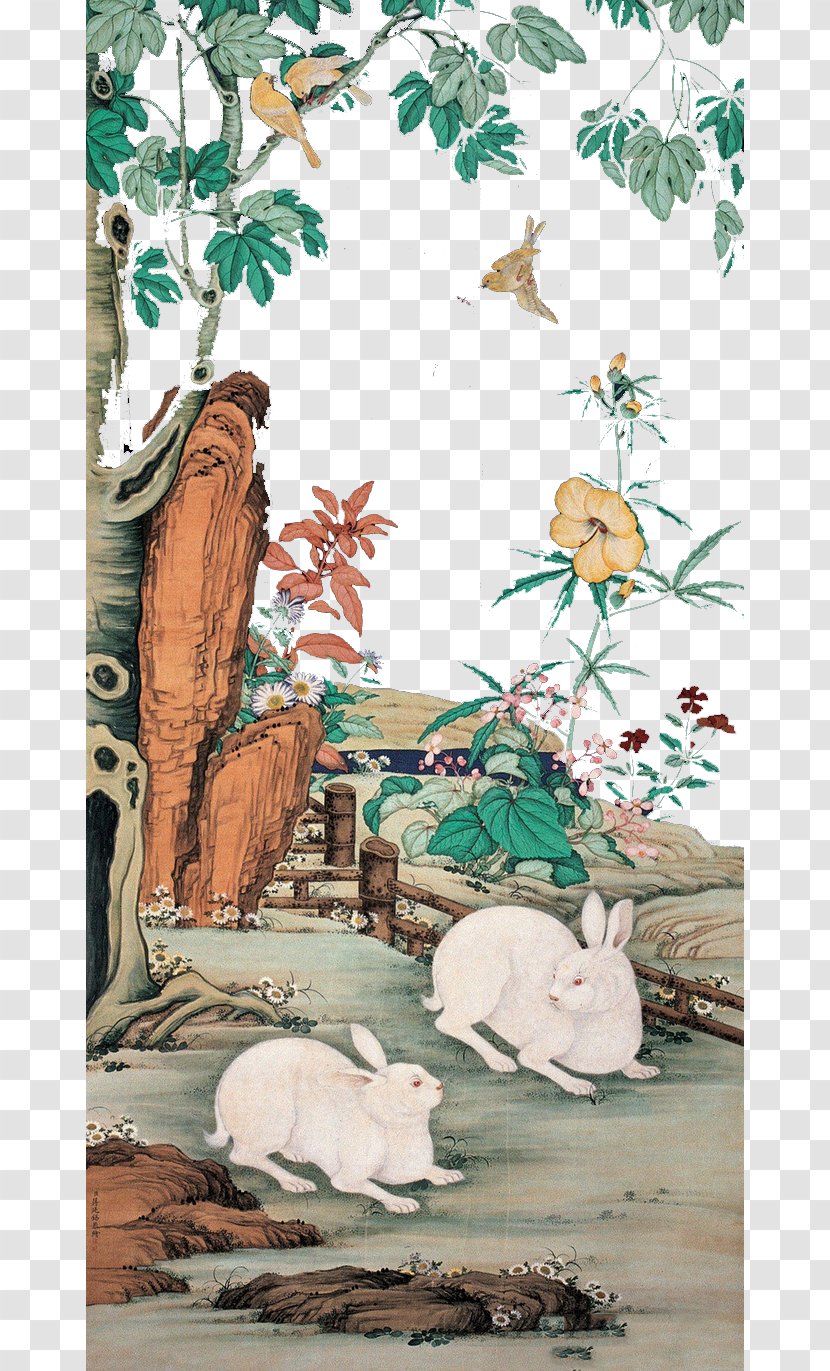 Qing Dynasty Gongbi Bird-and-flower Painting Illustration - Branch - Rabbit Transparent PNG