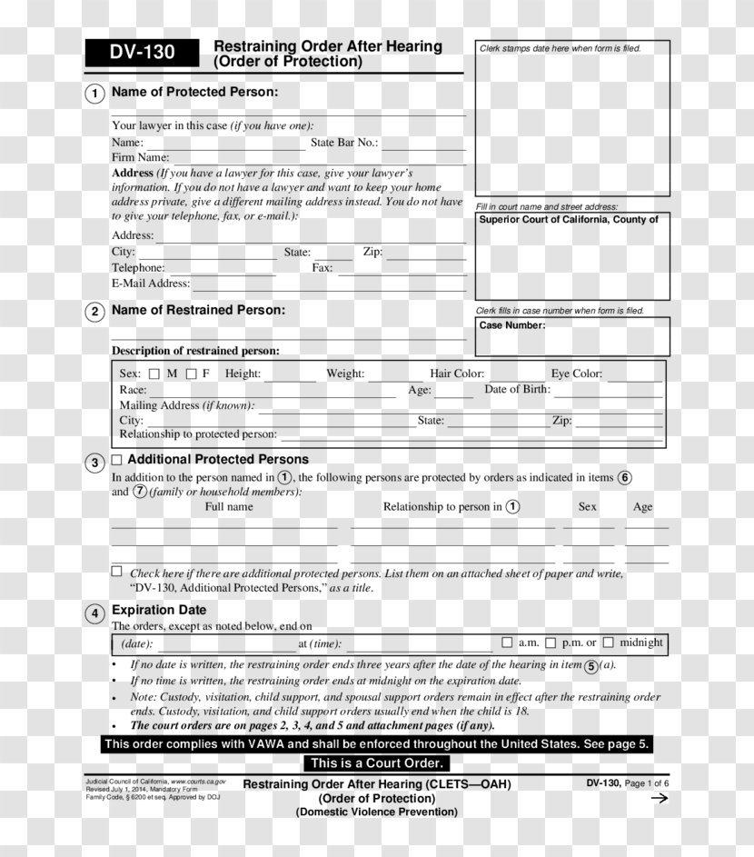 Restraining Order Document Domestic Violence Court - Paper - FOrm Transparent PNG