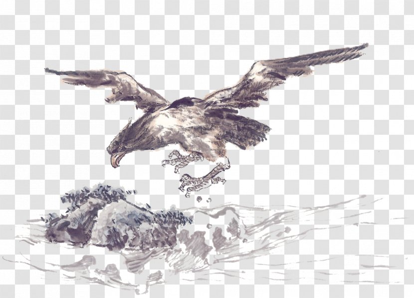 Ink Wash Painting Gongbi Chinese Hawk - Eagle - Sea Sculpture On The Transparent PNG