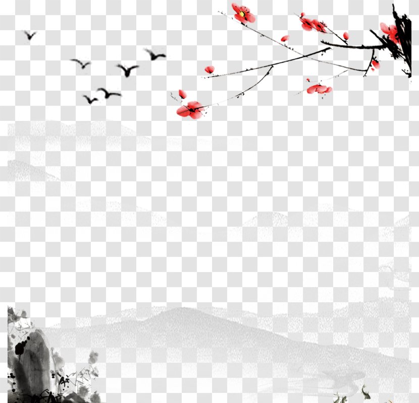 Ink Wash Painting Plum - Text - Mountain, Wild Goose Group, Flying Blossom Transparent PNG
