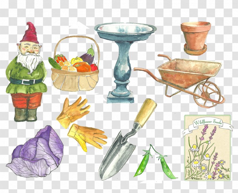 Watercolor Painting Illustration - Flower - Maintenance Tools Shovel Garden Carts Baskets Child Gloves Transparent PNG