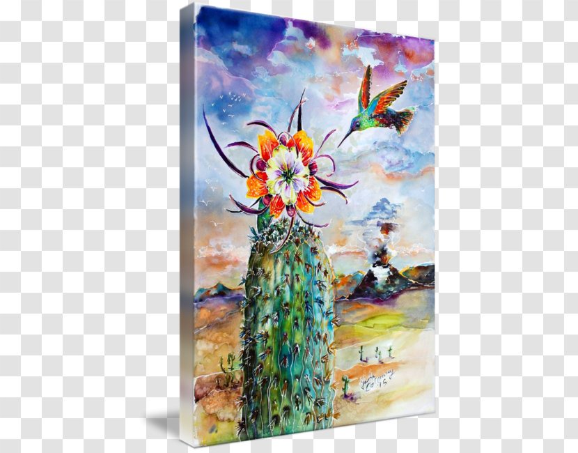 Watercolor Painting Modern Art Cactus Canvas Print - Hummingbird Flower Transparent PNG