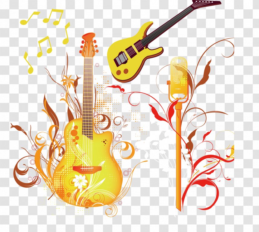 Acoustic Guitar Microphone Clip Art - Flower - Golden Note Vector Material Transparent PNG
