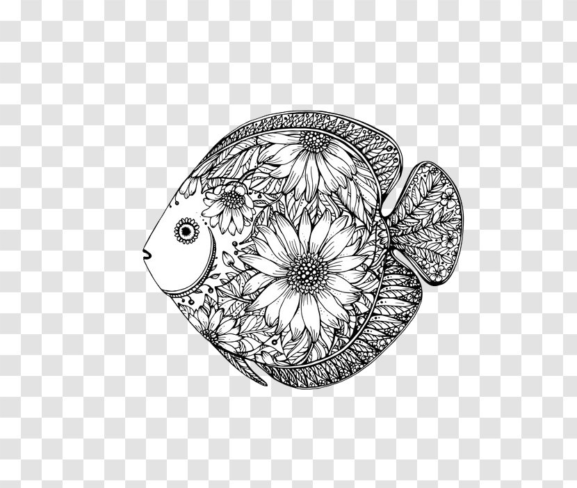 Drawing Fish Floral Design - Monochrome - Black Transparent PNG