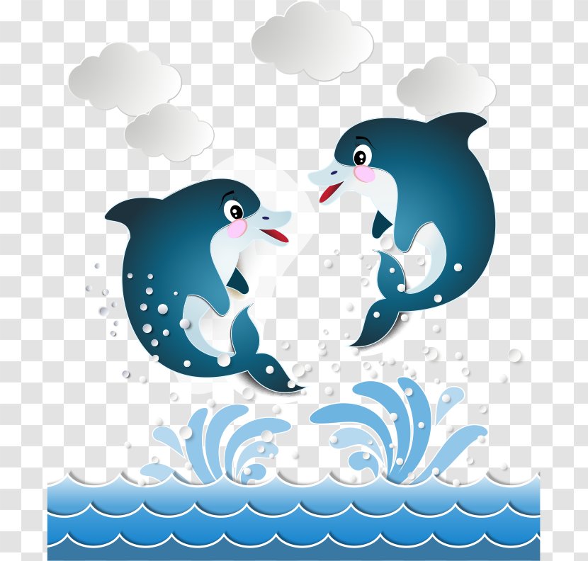 Bottlenose Dolphin Illustration - Penguin - Vector Waves And Leaping Dolphins Transparent PNG