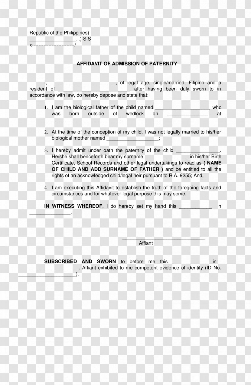 Affidavit Paternity Law Document Form Sworn Declaration - School Record Transparent PNG